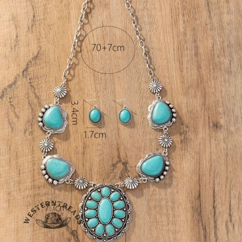 Western style retro special-shaped turquoise necklace with earrings jewelry set