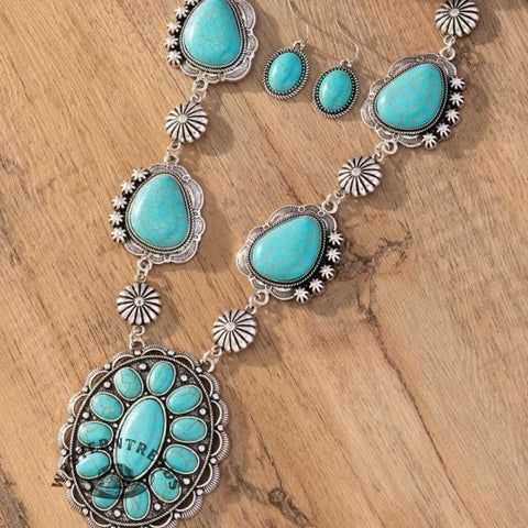 Western style retro special-shaped turquoise necklace with earrings jewelry set