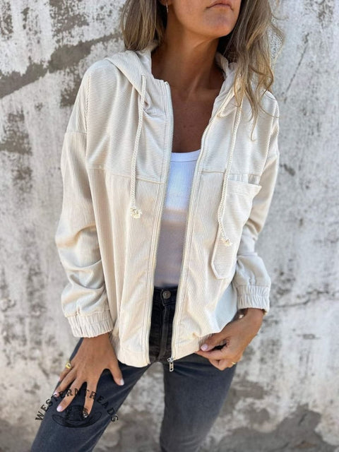 Fall Women's Solid Color Corduroy Hooded Jacket Coat