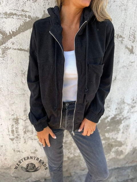 Fall Women's Solid Color Corduroy Hooded Jacket Coat