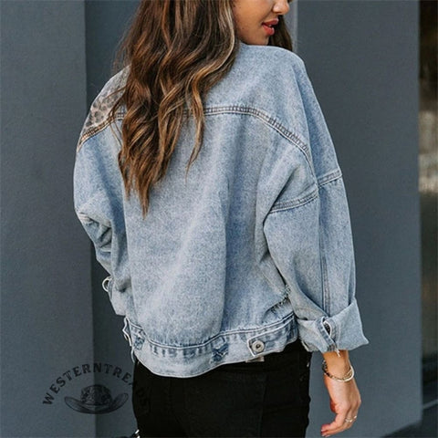 Leopard Print Patchwork Denim Jacket Coat