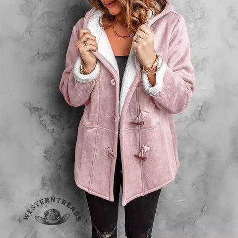 Horn Button Plush Hooded Jacket Coat