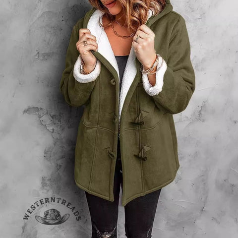 Horn Button Plush Hooded Jacket Coat
