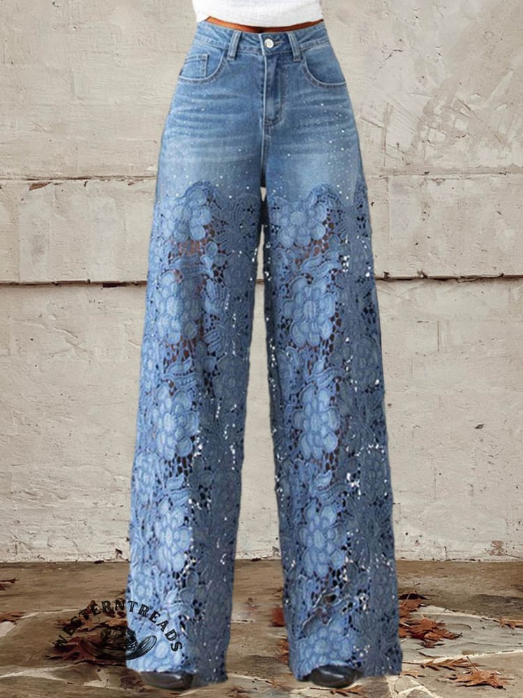 🔥Global hot sale🔥Women's Buttoned Lace Patchwork Jeans Pants