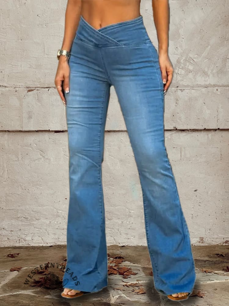 Women's Denim Fabric Print Vintage Soft Comfy Sweatpant Jeans Pants