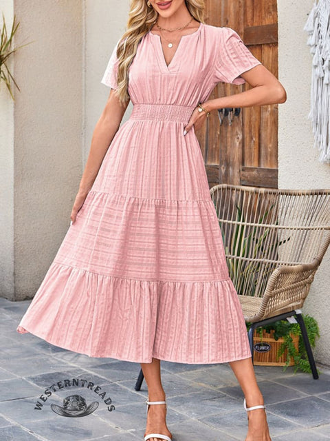 Womens Summer  Casual Midi Maxi Dresses Lightweight Short Sleeve V Neck Elastic Waist Boho Beach Dress Pockets