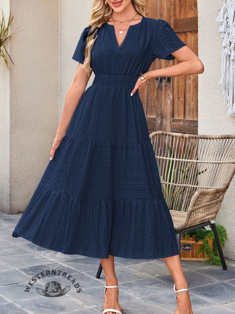 Womens SummerCasual Midi Maxi Dresses Lightweight Short Sleeve V Neck Elastic Waist Boho Beach Dress Pockets