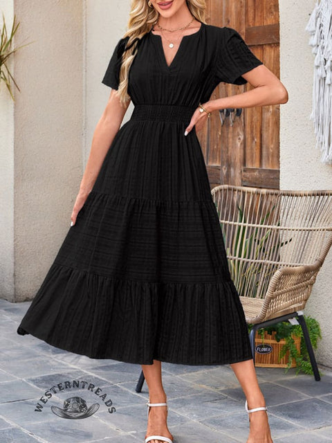 Womens Summer  Casual Midi Maxi Dresses Lightweight Short Sleeve V Neck Elastic Waist Boho Beach Dress Pockets