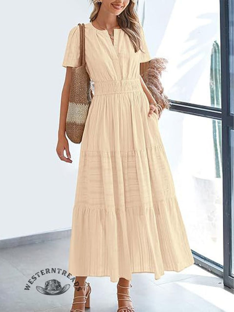 Womens Summer  Casual Midi Maxi Dresses Lightweight Short Sleeve V Neck Elastic Waist Boho Beach Dress Pockets