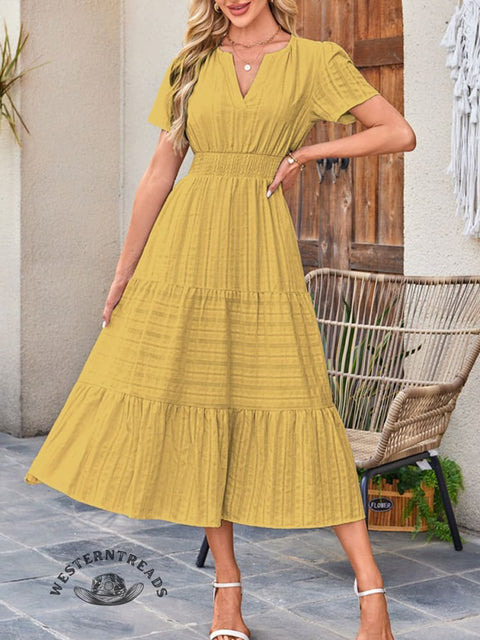 Womens Summer  Casual Midi Maxi Dresses Lightweight Short Sleeve V Neck Elastic Waist Boho Beach Dress Pockets