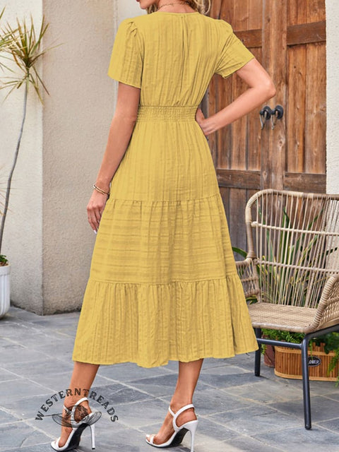 Womens Summer  Casual Midi Maxi Dresses Lightweight Short Sleeve V Neck Elastic Waist Boho Beach Dress Pockets