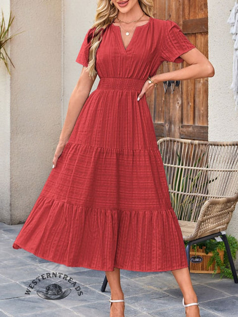 Womens Summer  Casual Midi Maxi Dresses Lightweight Short Sleeve V Neck Elastic Waist Boho Beach Dress Pockets