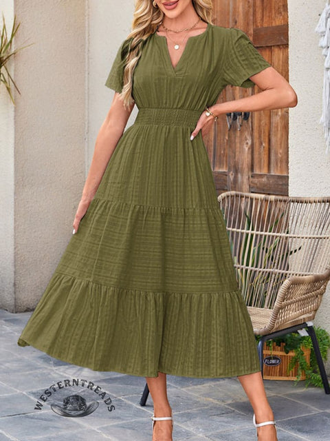 Womens Summer  Casual Midi Maxi Dresses Lightweight Short Sleeve V Neck Elastic Waist Boho Beach Dress Pockets