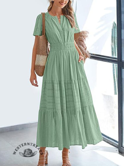 Womens Summer  Casual Midi Maxi Dresses Lightweight Short Sleeve V Neck Elastic Waist Boho Beach Dress Pockets