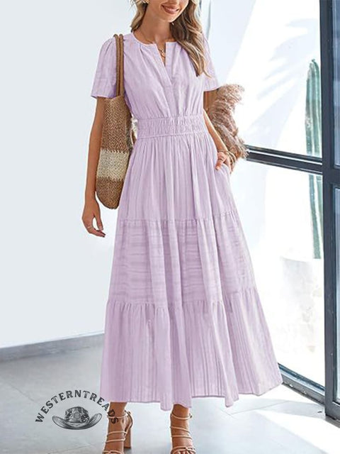 Womens Summer  Casual Midi Maxi Dresses Lightweight Short Sleeve V Neck Elastic Waist Boho Beach Dress Pockets