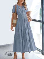 Womens SummerCasual Midi Maxi Dresses Lightweight Short Sleeve V Neck Elastic Waist Boho Beach Dress Pockets