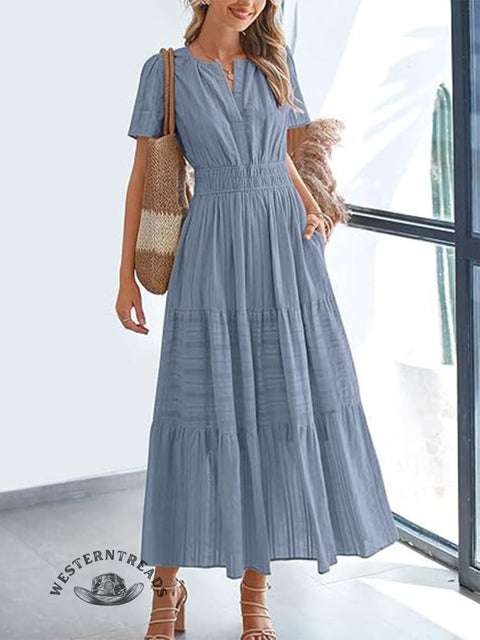 Womens Summer  Casual Midi Maxi Dresses Lightweight Short Sleeve V Neck Elastic Waist Boho Beach Dress Pockets