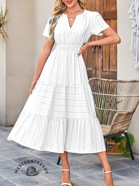 Womens Summer  Casual Midi Maxi Dresses Lightweight Short Sleeve V Neck Elastic Waist Boho Beach Dress Pockets
