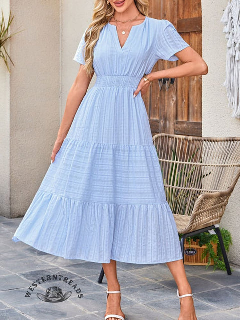 Womens Summer  Casual Midi Maxi Dresses Lightweight Short Sleeve V Neck Elastic Waist Boho Beach Dress Pockets