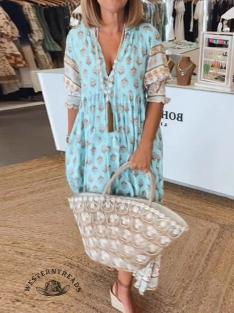 Women's Bohemian V-neck Lantern Sleeve High Waist Swing Dress