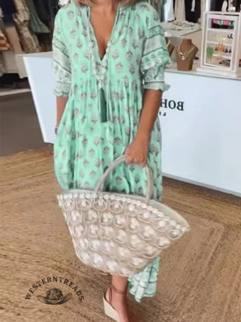 Women's Bohemian V-neck Lantern Sleeve High Waist Swing Dress