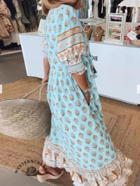 Women's Bohemian V-neck Lantern Sleeve High Waist Swing Dress