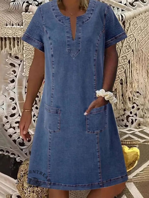 Denim V-neck Short-sleeved Dress