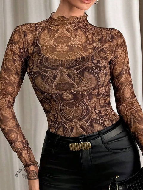 Women's Fashionable Mesh Black Ear-edge Tight-fitting T-shirt Top