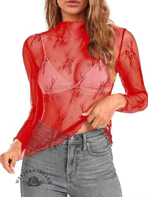 Women's  Bohemian Long Sleeve Floral Embroidery Sheer Lace Top