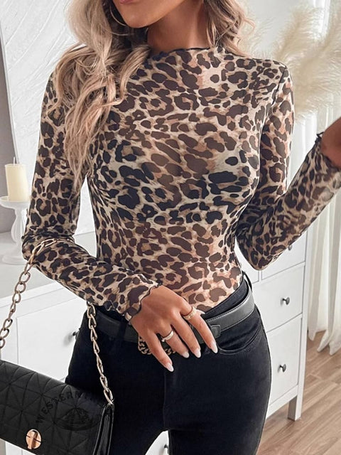 Women's Fashionable Mesh Black Ear-edge Tight-fitting T-shirt Top