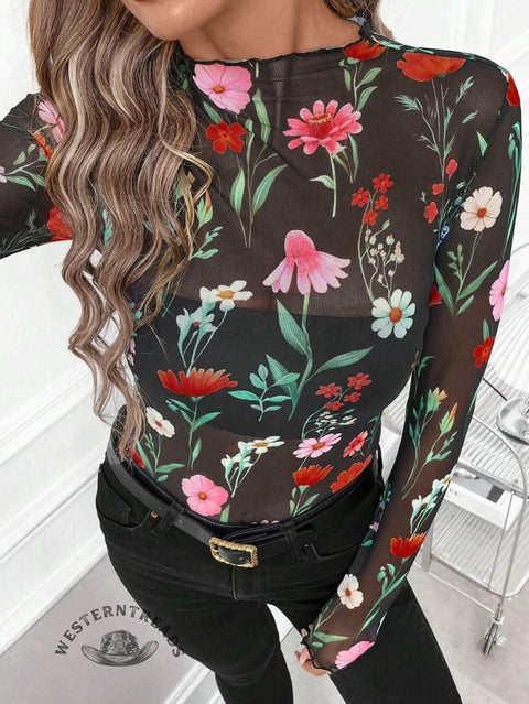 Women's Fashionable Mesh Black Ear-edge Tight-fitting T-shirt Top