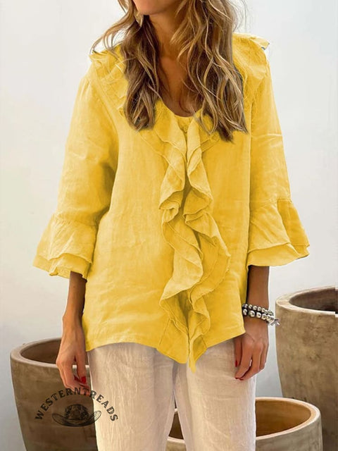 Women's Ruffles Casual Cotton And Linen 3/4 Sleeves Shirt