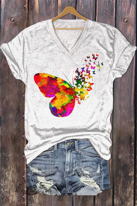 Butterfly Print V-Neck T-Shirt