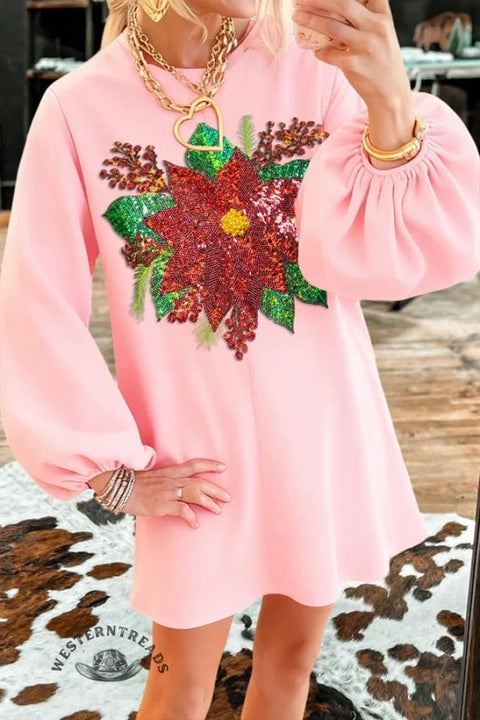 Christmas Sparkling Poinsettia Puff Sleeve Mini Dress