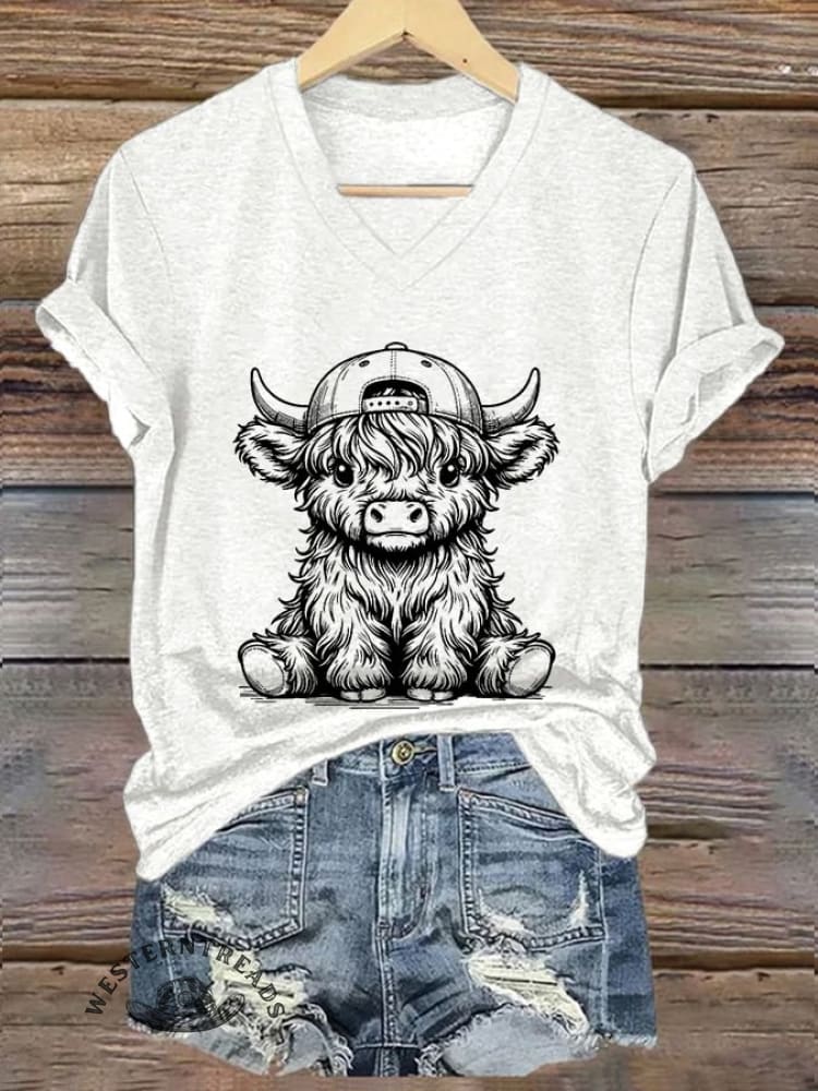 Women's Western Highland Cow printed casual T-shirt