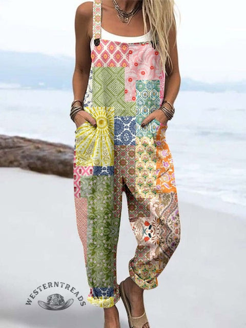 Women's Retro Floral Pattern Casual Cotton Wide Leg Jumpsuit