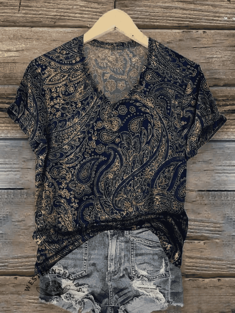 Women's Paisley Print V-neck Casual T-Shirt