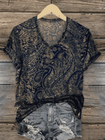 Women's Paisley Print V-neck Casual T-Shirt