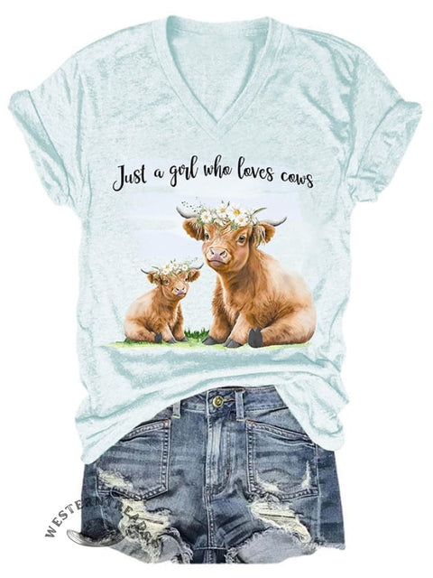 Women's JUST A GIRL WHO LOVE COWS print v-neck T-shirt