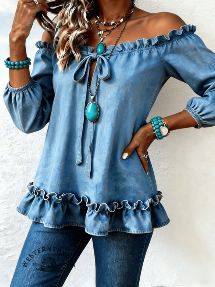 Women's Off Shoulder Ruffled Casual Denim Top