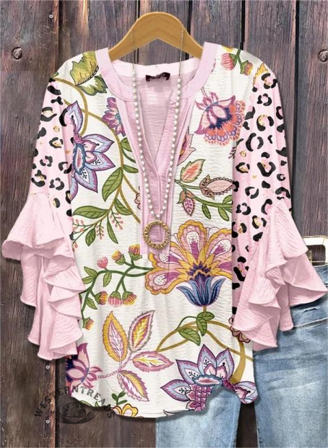 Chic Floral Print Leopard Ruffle Sleeve Top