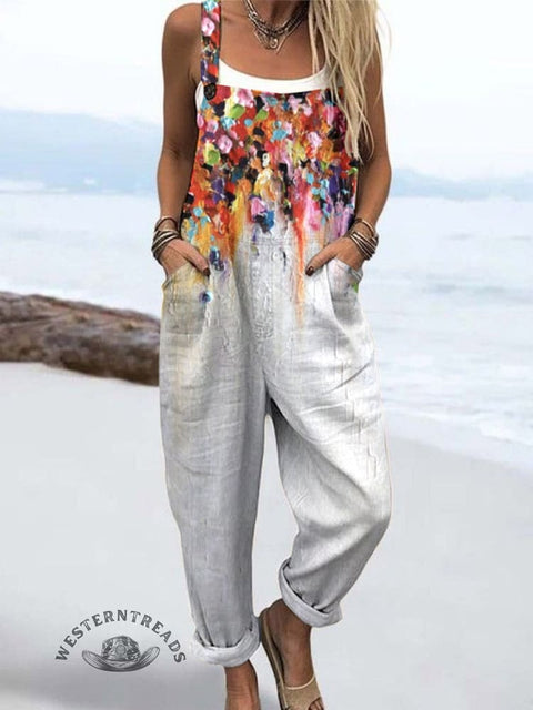 Women's Funny Pigment Print Pattern Print Casual Cotton Wide Leg Jumpsuit