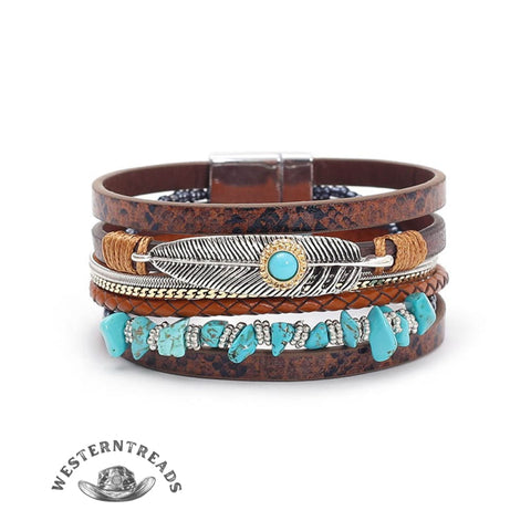 Boho Gravel Feather Leather Bracelet