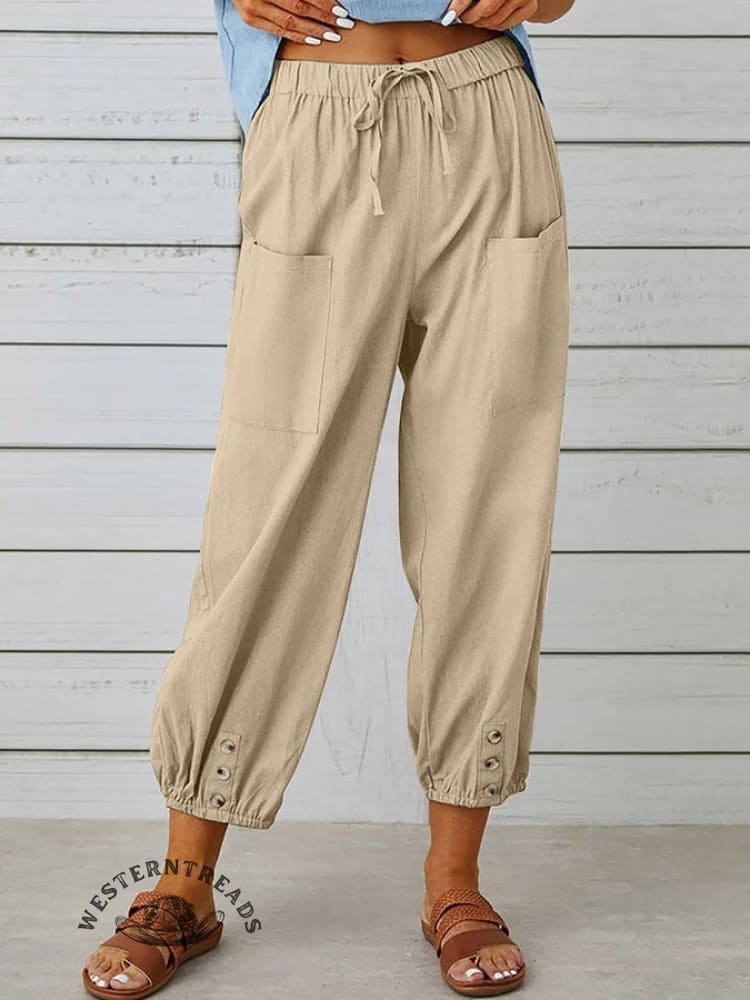 Solid Color Casual With Pocket Buttons Cotton Linen Trousers Pants