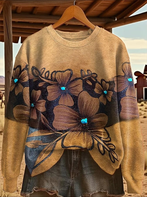 Women's Western Style  Print Crew Neck Sweatshirt
