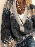 Women's Retro Ethnic Print Casual V-neck Pullover Knit Sweater