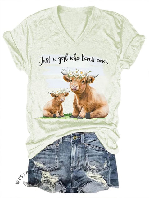 Women's JUST A GIRL WHO LOVE COWS print v-neck T-shirt