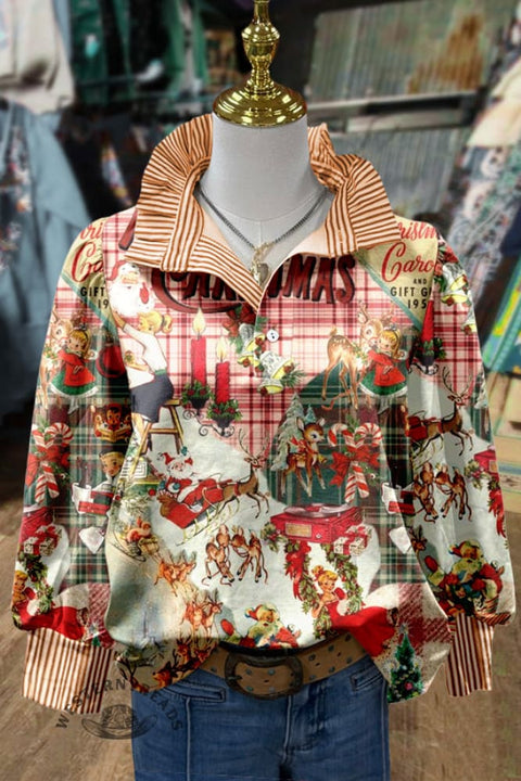 Colorful Christmas Print Striped Collar Top