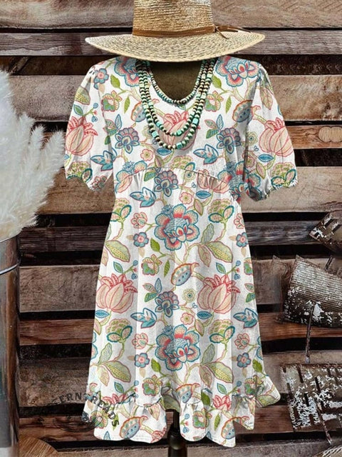 Women's Flower Print Pocket Cotton Dress