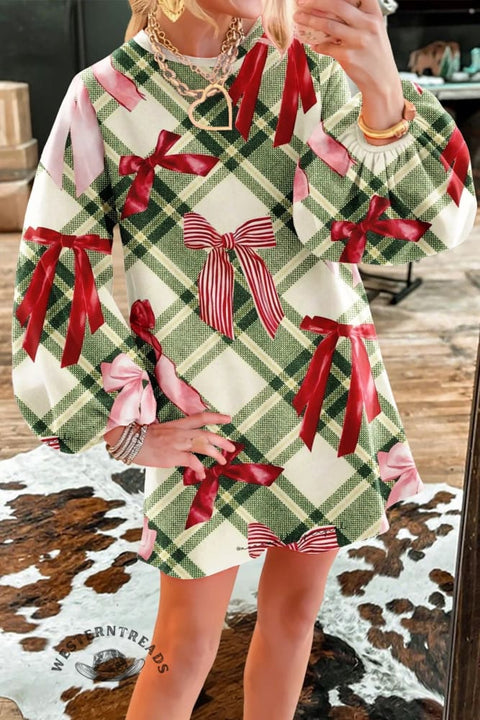 Christmas Plaid Bow Sweatshirt Dress